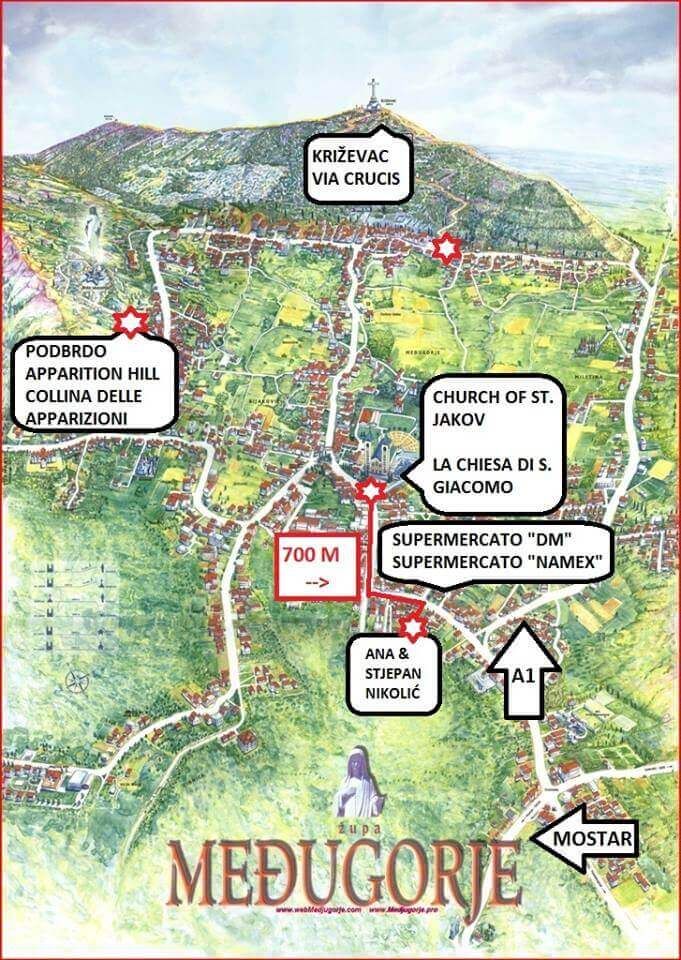 Mappa illustrata di Medjugorje con la chiesa di San Giacomo, la Collina delle Apparizioni (Podbrdo), la Montagna della Croce (Križevac) e la pensione Ana & Stjepan Nikolić